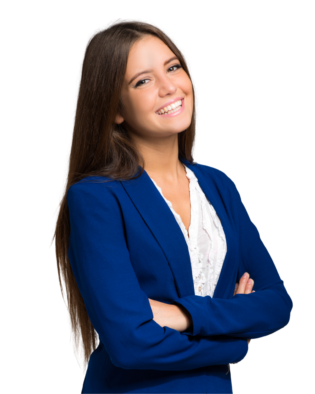 Jongedame in blauw colbert met gekruiste armen, licht naar rechts kijkend en breed glimlachend