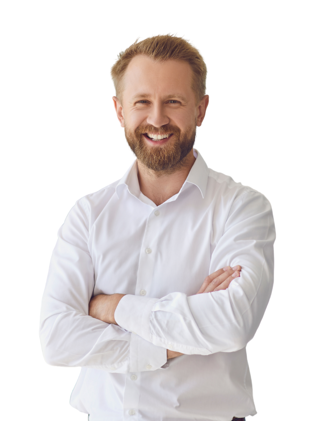 Man met baard in een witte overhemd met opgerolde mouwen, armen gekruist en warm lachend naar de camera.